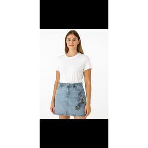 Ann Taylor Loft Blue Jean Skirt Cotton floral embroidery purple green pockets 8